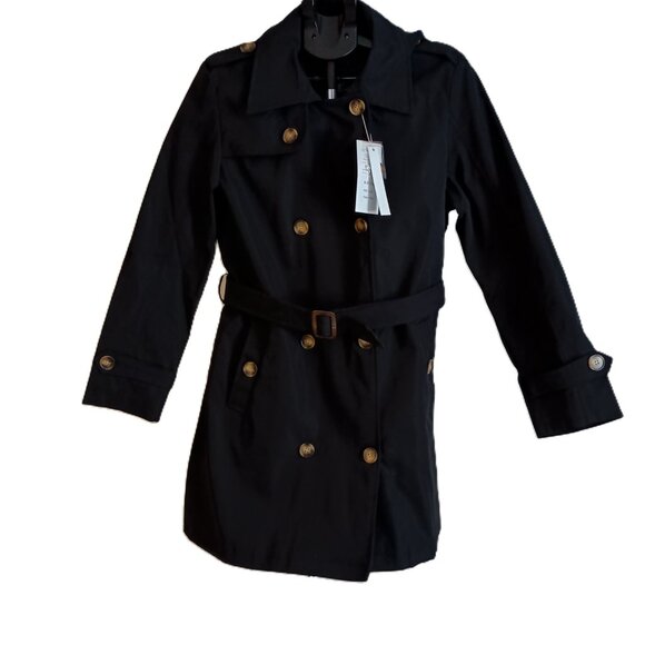 Createmo.us Black Trench Coat Double-Breasted Belted Coat Women’s Size Large L - Picture 2 of 16